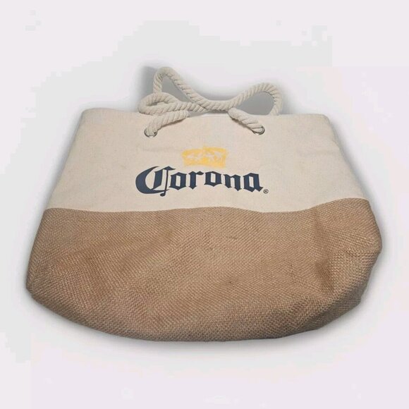 Corona Handbags - Corona Beer "Outside We Live" Braided Rope Handles Burlap Beach Bag 17.5"x11.5"